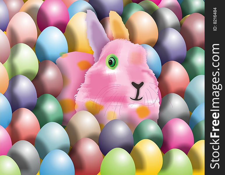 The Easter rabbit in colour easter eggs