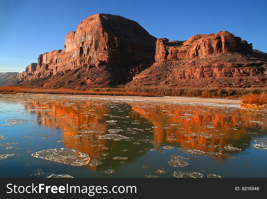 Colorado River  in Canyonlands National Park wit ice. Colorado River  in Canyonlands National Park wit ice