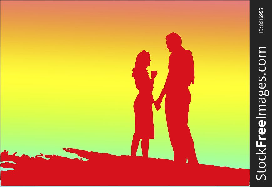 Red silhouette of romantic young couple
