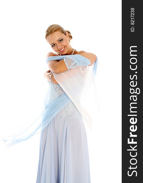 Lovely dancer in classical blue-white dress isolated on white. Lovely dancer in classical blue-white dress isolated on white