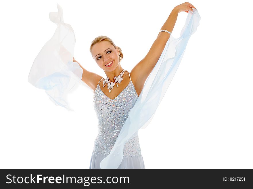 Dancer in classical blue-white dress isolated on white. Dancer in classical blue-white dress isolated on white