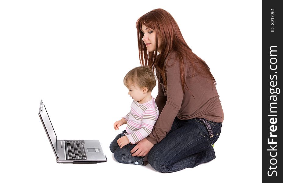 Mother and daughter playing on laptop. Mother and daughter playing on laptop