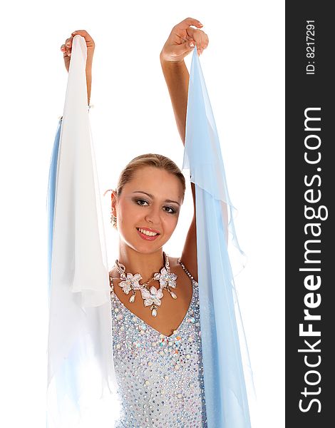 Dancer in classical blue-white dress isolated on white