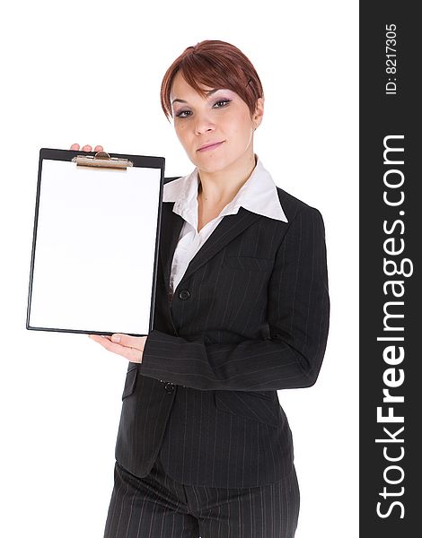 Attractive brunette businesswoman with board. over white background