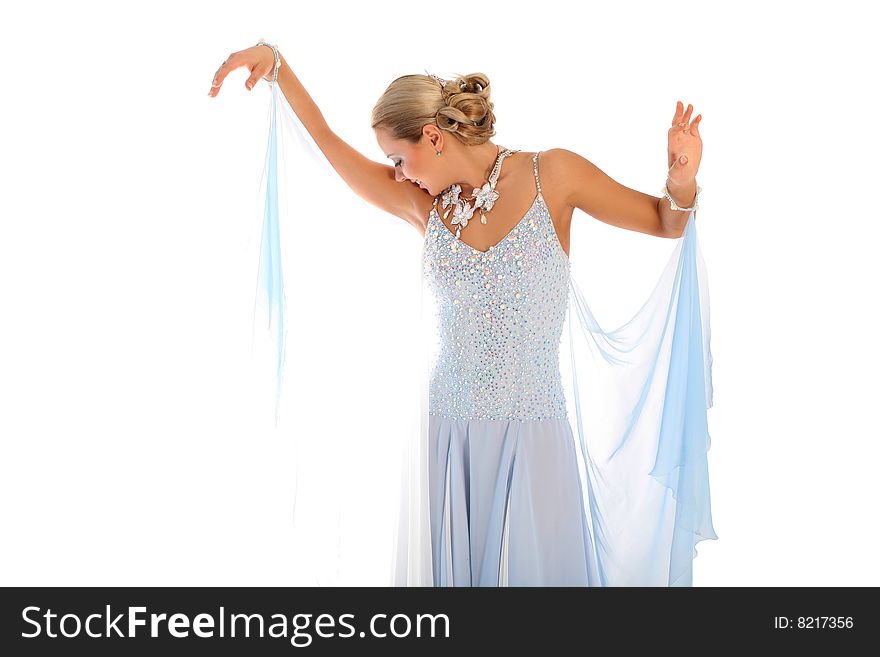 Lovely girl in dance in classical blue-white dress isolated in white