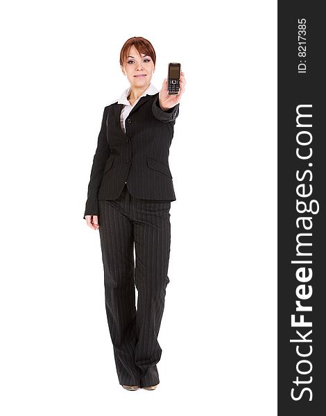 Attractive businesswoman with mobile phone. over white background