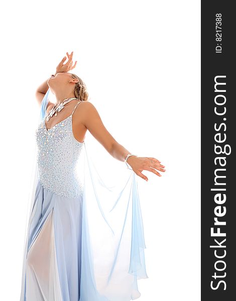 Dancer in classical blue-white dress isolated in white. Dancer in classical blue-white dress isolated in white