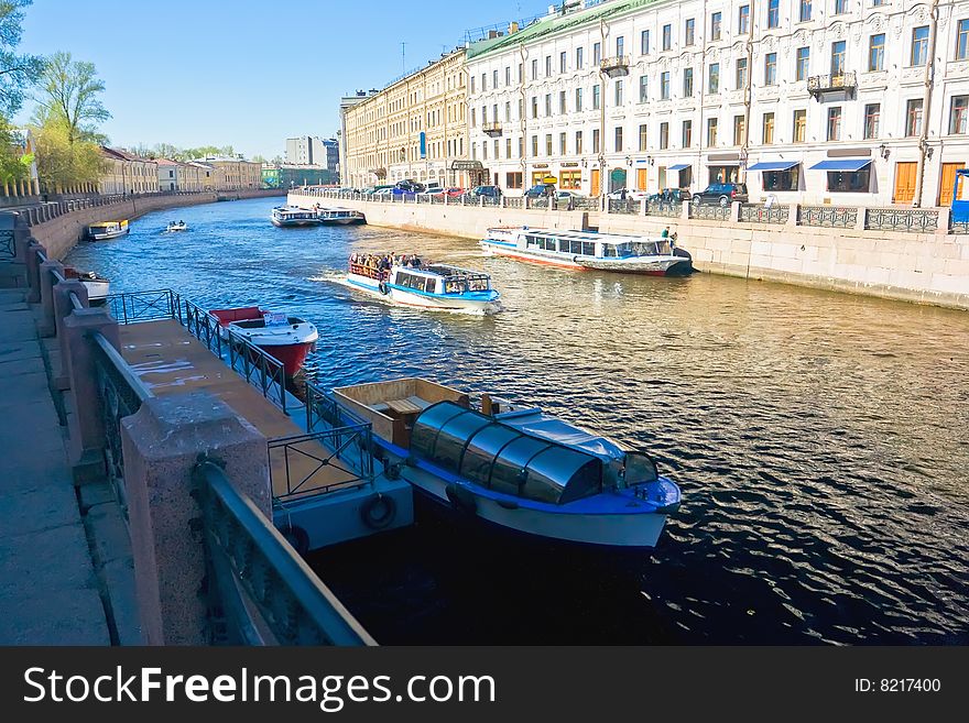 Blue water of a canal in Saint Petersburg, Russia, spring