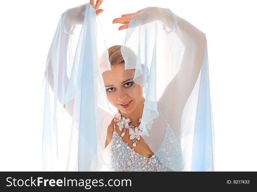 Dancer in classical blue-white dress isolated on white