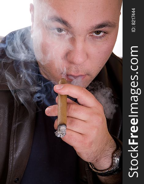 Danger  man smoking cigar. over white background. Danger  man smoking cigar. over white background