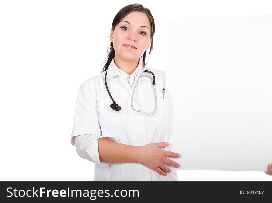 Attractive female doctor with board. over white background