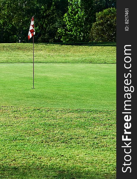 Picture of a flag in the hole on a golfgreen with trees in the background. Picture of a flag in the hole on a golfgreen with trees in the background.