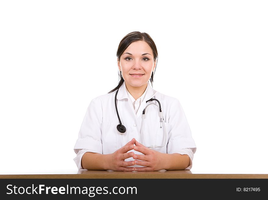 Attractive brunette doctor . over white background. Attractive brunette doctor . over white background