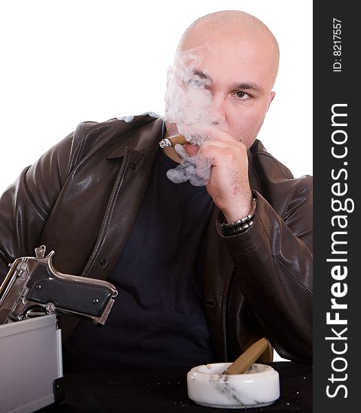 Danger  man smoking cigar. over white background. Danger  man smoking cigar. over white background