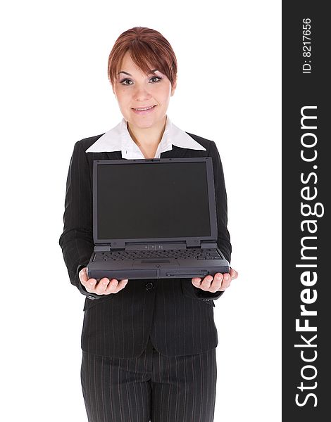 Attractive businesswoman with laptop. over white background