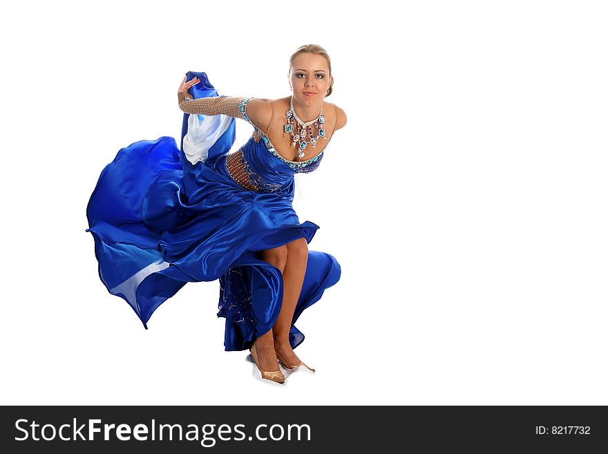 Dancer in classical blue-white dress isolated on white