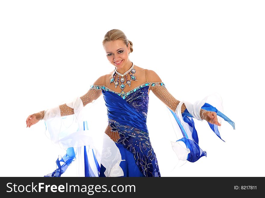 Dancer in classical blue-white dress isolated on white