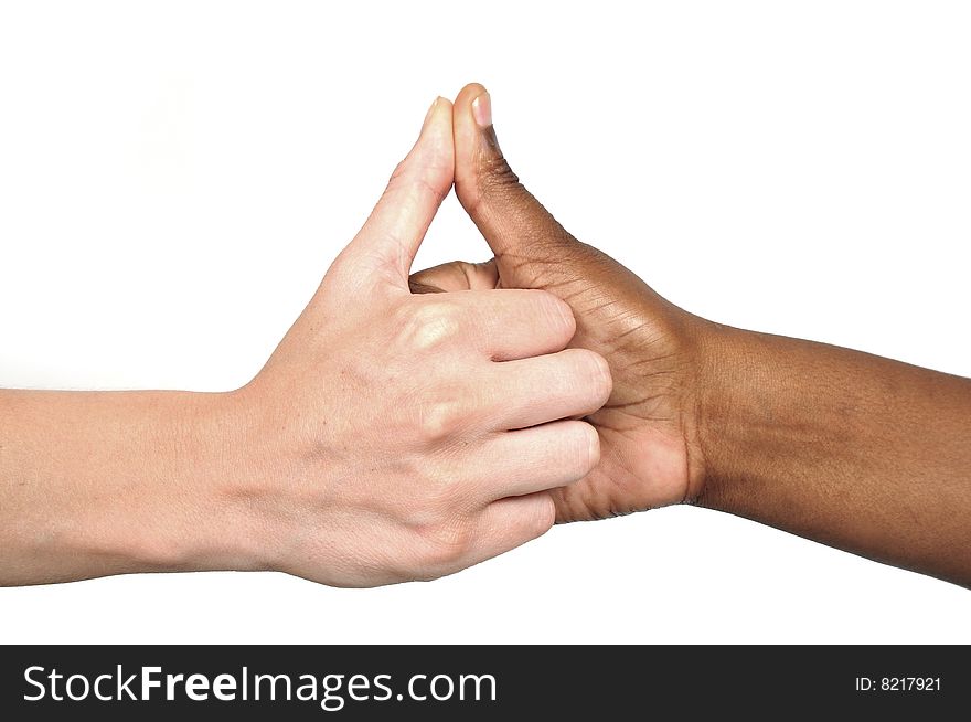 African and European hands, shaking hands with thumbs pushed together on white background. African and European hands, shaking hands with thumbs pushed together on white background