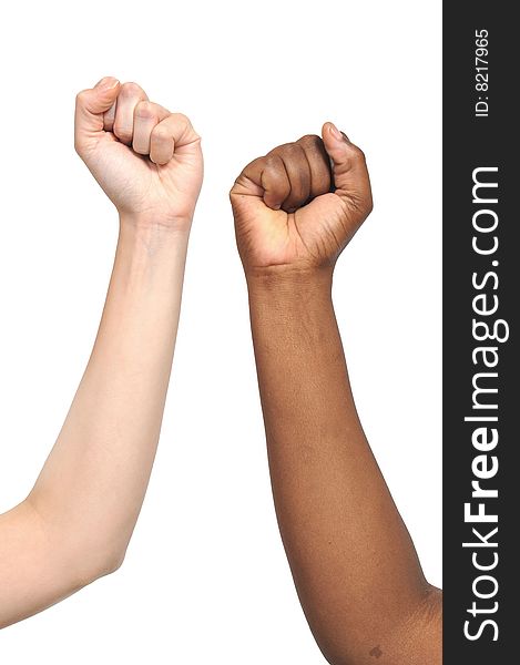 African and European fists aimed towards the sky, on white background. African and European fists aimed towards the sky, on white background