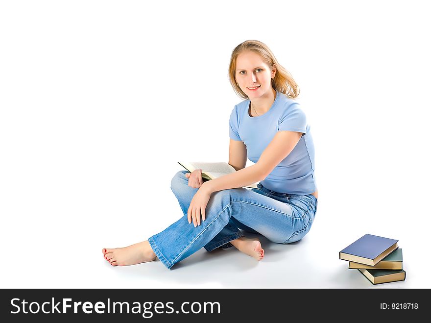 Young Girl With Books Isolated On White Background