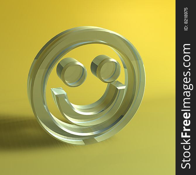 3D graphics. Smiley, made of glass or plexi, on yellow background