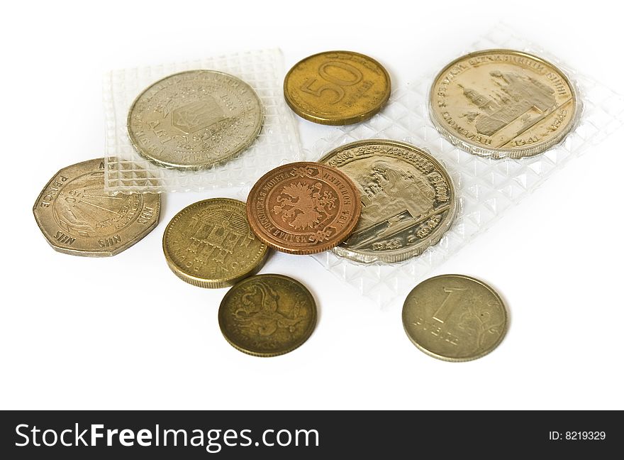 Old coins collection isolated on white background