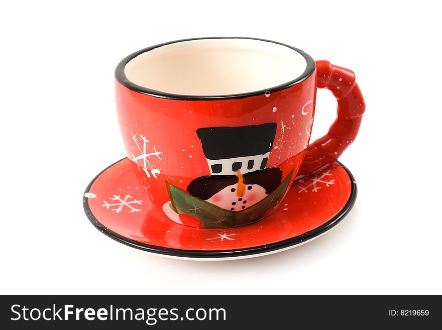 Cristmas, cups and saucer, amusing, insulated on white background. Cristmas, cups and saucer, amusing, insulated on white background