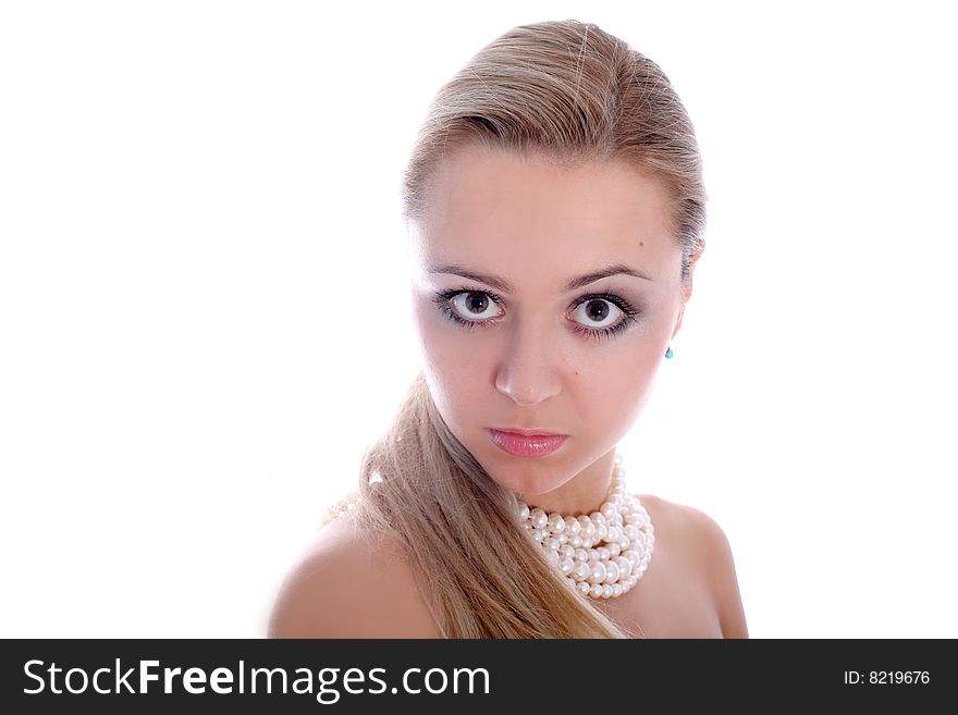 Lovely blondie with pearls isolated on white. Lovely blondie with pearls isolated on white