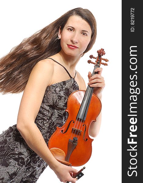 Beautiful violinist musician on white background