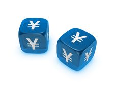 Pair Of Translucent Blue Dice With Yen Sign Royalty Free Stock Image