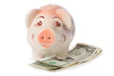 Happy Piggy Bank With Cash Royalty Free Stock Photos