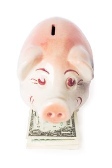 Happy Piggy Bank With Cash Stock Photo