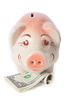Happy Piggy Bank With Cash Royalty Free Stock Image