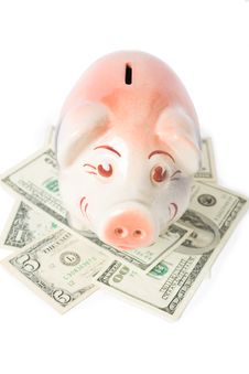 Happy Piggy Bank With Cash Royalty Free Stock Image