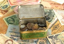 Old Currency And Box With Old Coins Royalty Free Stock Photo
