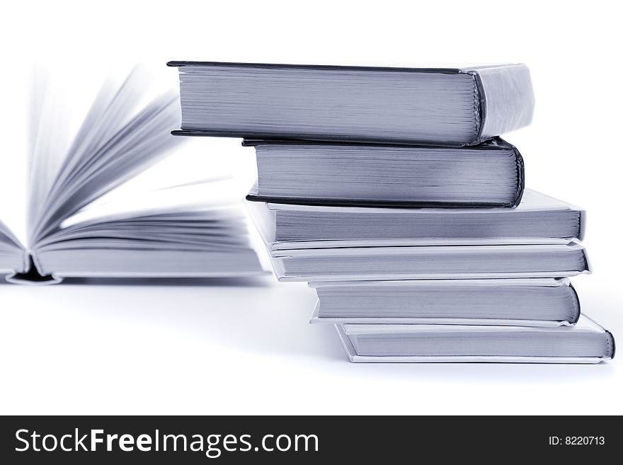 Stack of books closeup. monochrome image