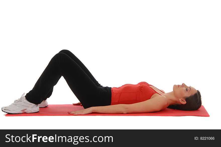 Young happy woman doing fitness, isolated on white background