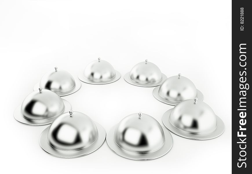 Many silver  trays on a white background.3d image. Many silver  trays on a white background.3d image.