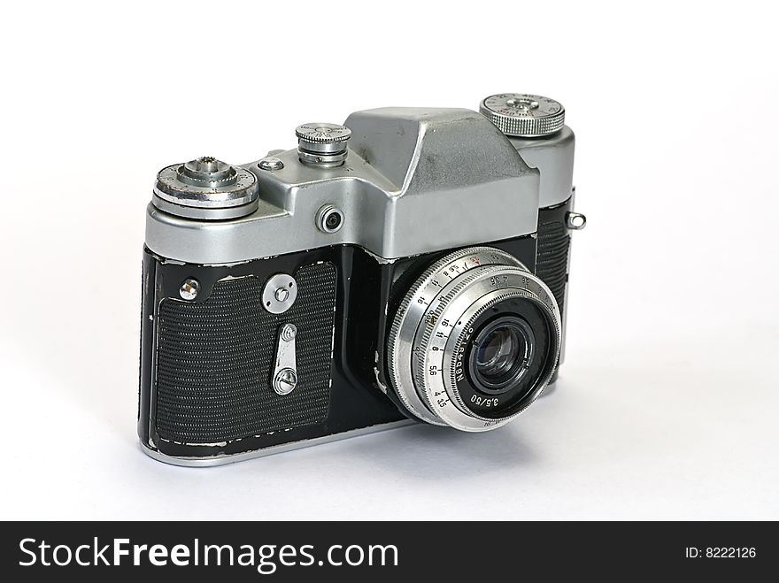 Old photo cameras on white background