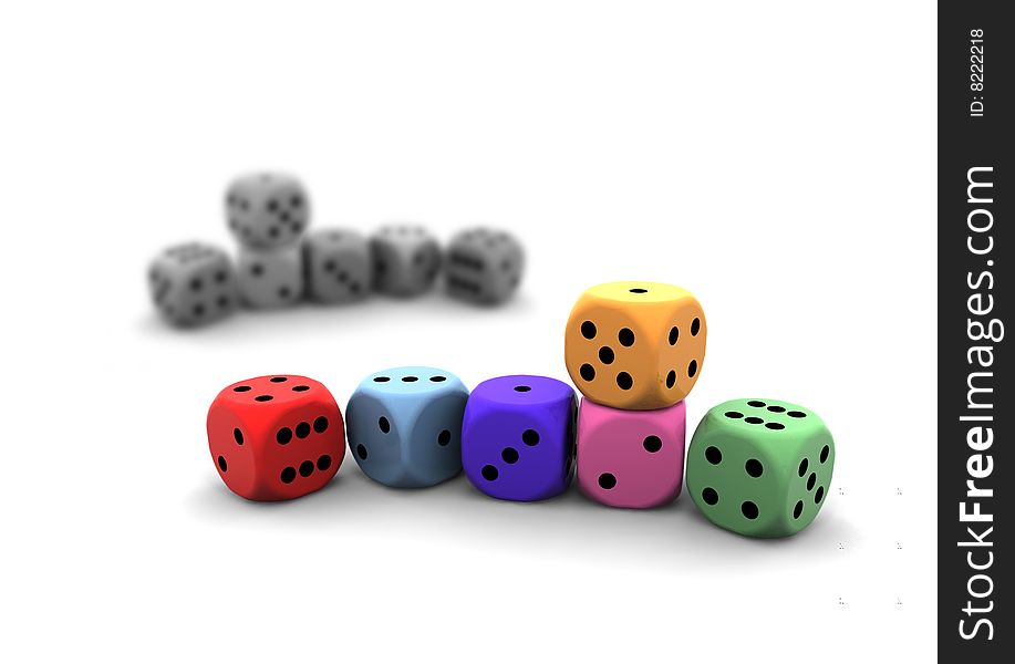 Isolated dices on white background - 3d render illustration - shallow focus