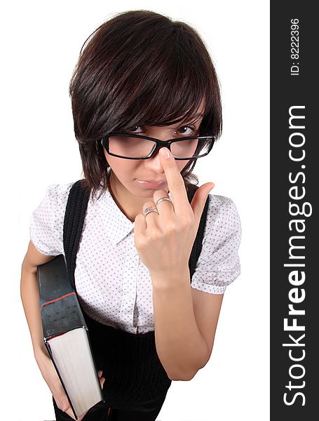 Attractive student with big book isolated over white