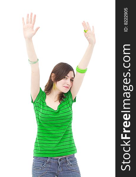 Happy fresh adolescent girl smiling and raising her hands. Happy fresh adolescent girl smiling and raising her hands