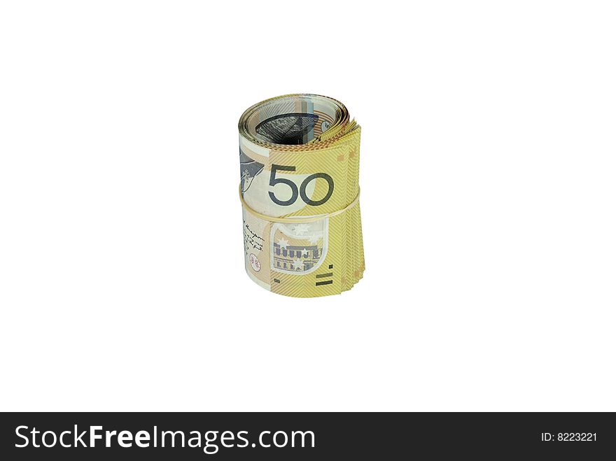 Roll of fifty dollar notes. Roll of fifty dollar notes