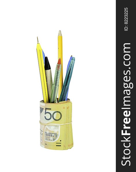 Stationary holder made of fifty dollar notes. Stationary holder made of fifty dollar notes