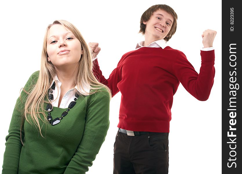 Young family man and woman on white background