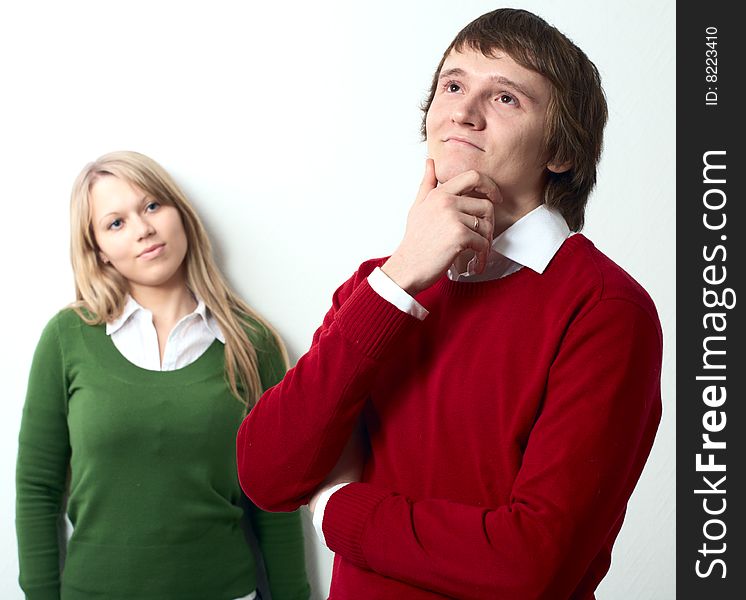 Young family man and woman on white background