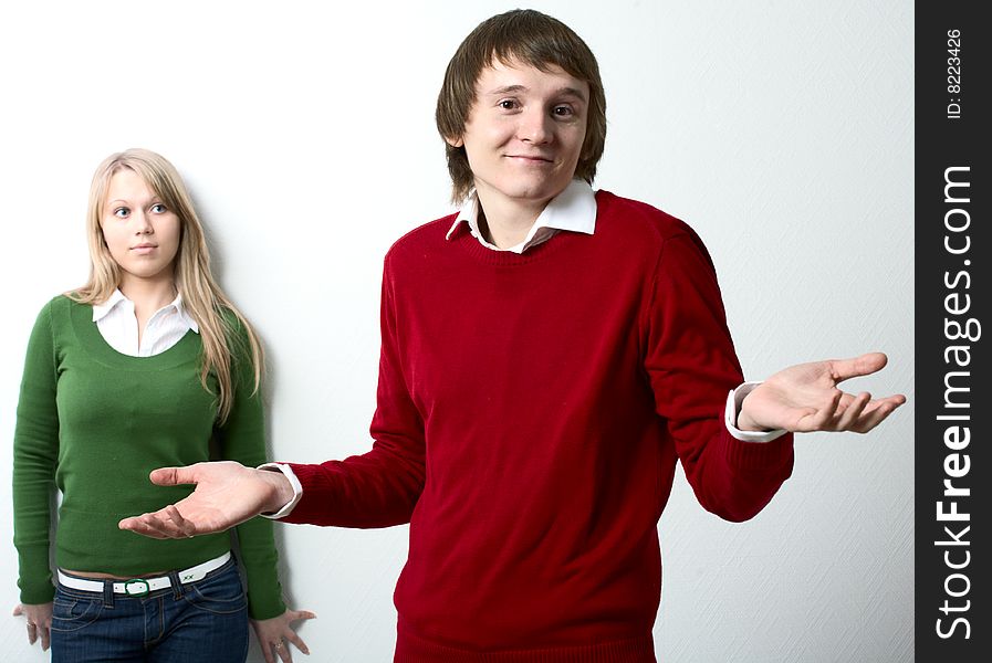 Young family man and woman on white background