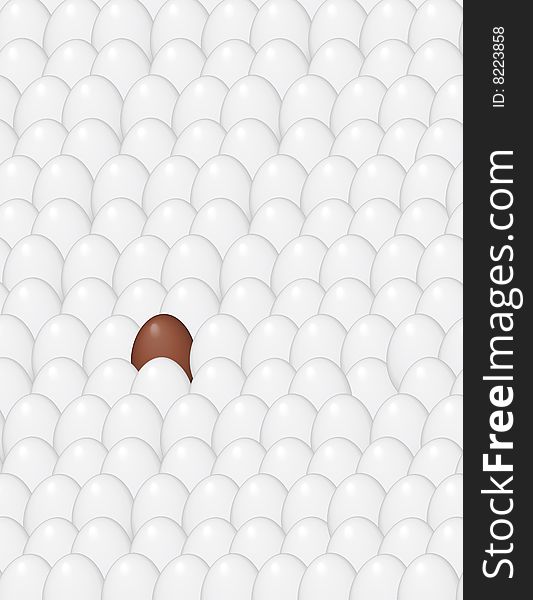 A single chocolate egg stands alone amongst a sea of chicken eggs. A single chocolate egg stands alone amongst a sea of chicken eggs