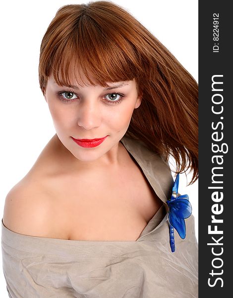 Lovely girl with dragonfly isolated on white