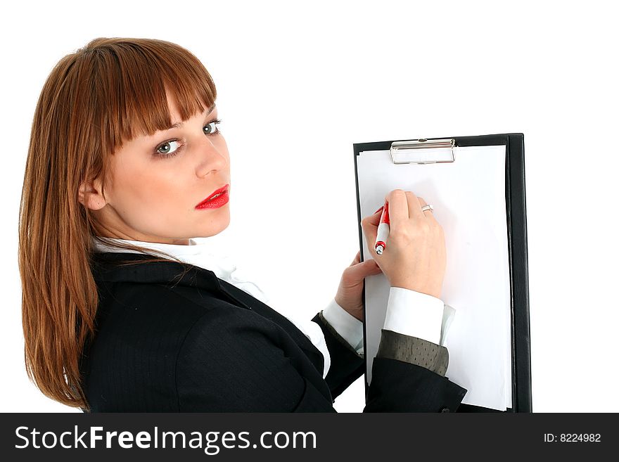 Business woman with pen isolated on white